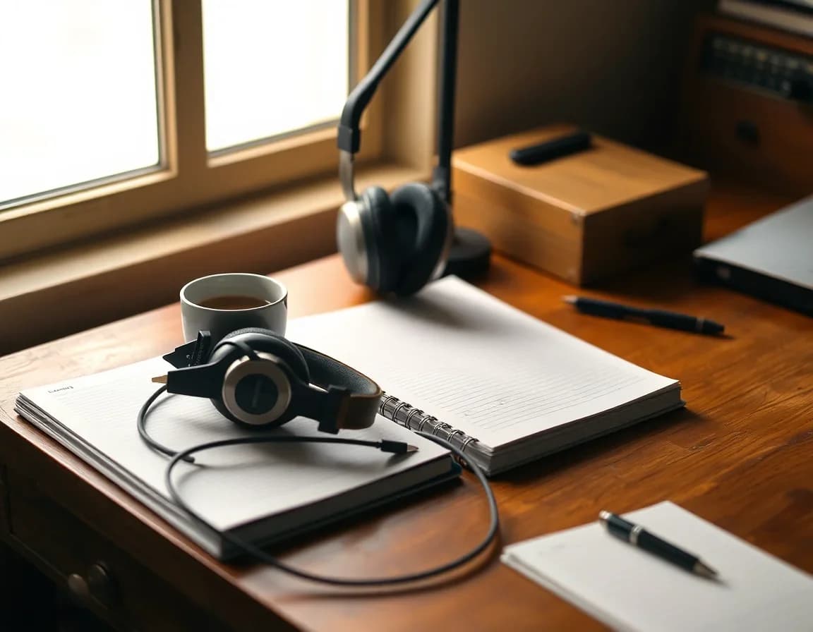 Vintage radio headset on a wooden table