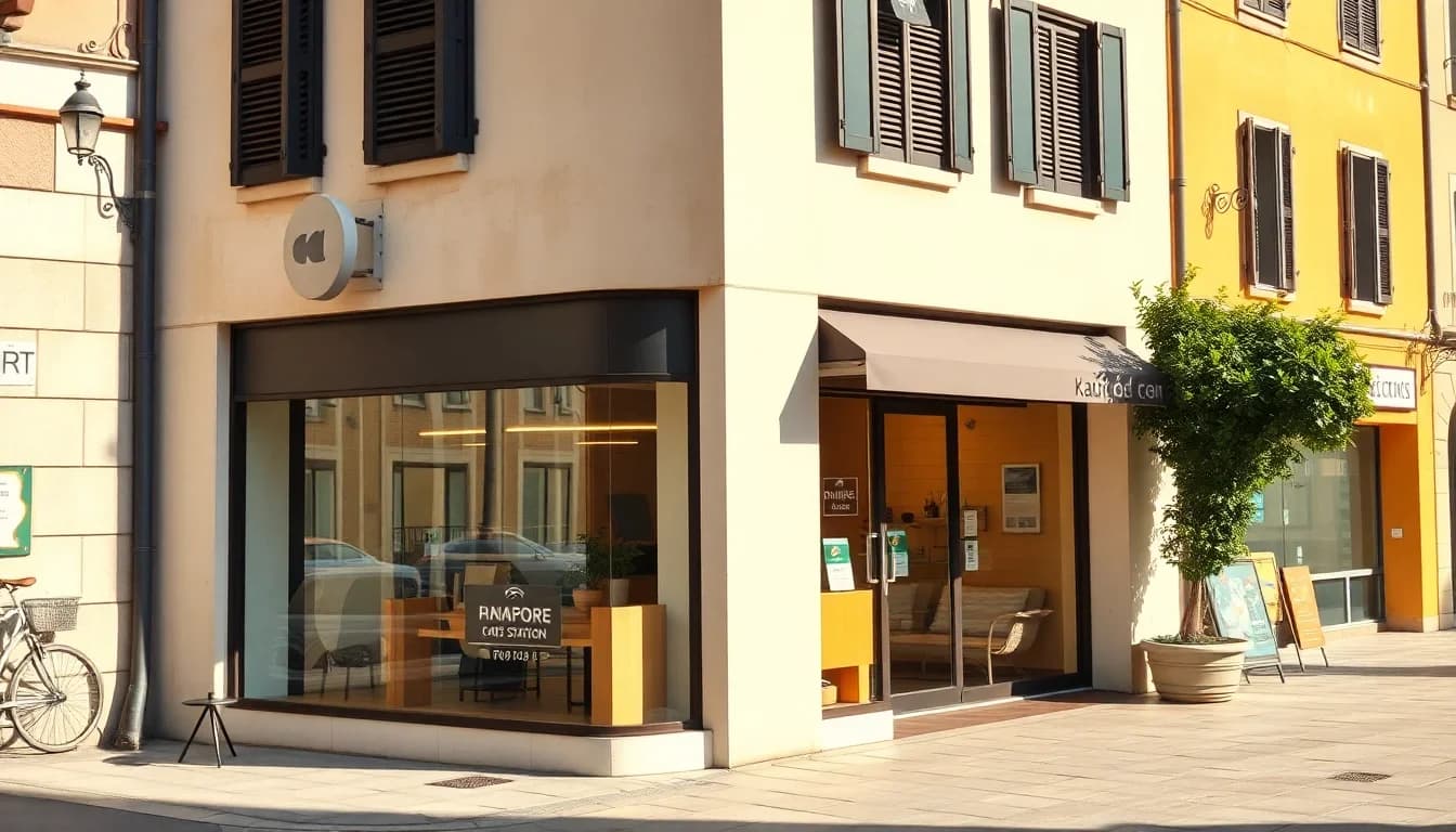 Illustrative facade of a radio studio in a Mediterranean town centre